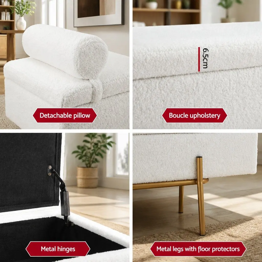 White Boucle Fabric Storage Ottoman Bed with Pillow