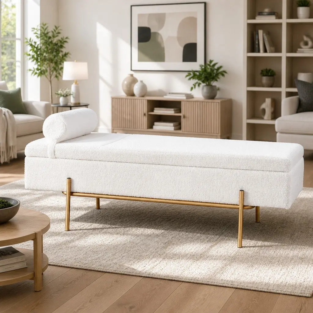 White Boucle Fabric Storage Ottoman Bed with Pillow