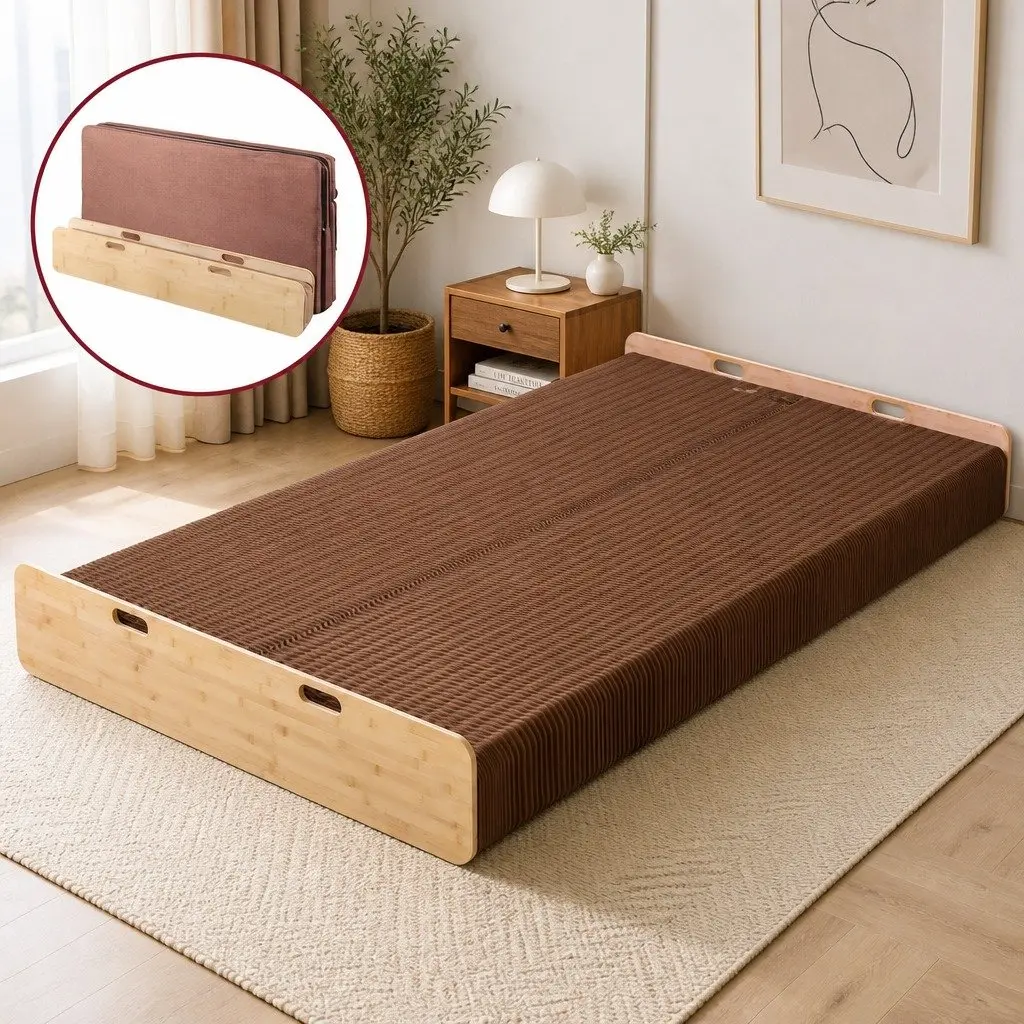 Folding Bed Frame Single Sofa Brown 200cm x 120cm Kraft Paper Camping Furniture 300kg Capacity