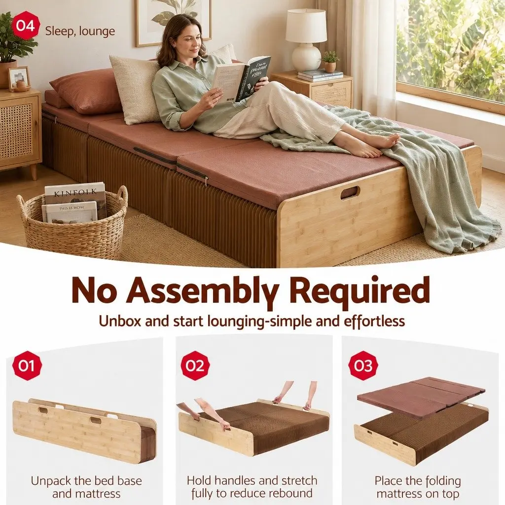 Folding Bed Frame Single Sofa Brown 200cm x 120cm Kraft Paper Camping Furniture 300kg Capacity