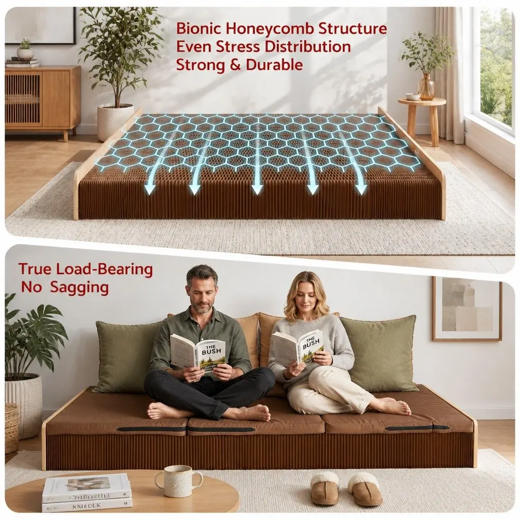 Folding Bed Frame Single Sofa Brown 200cm x 120cm Kraft Paper Camping Furniture 300kg Capacity