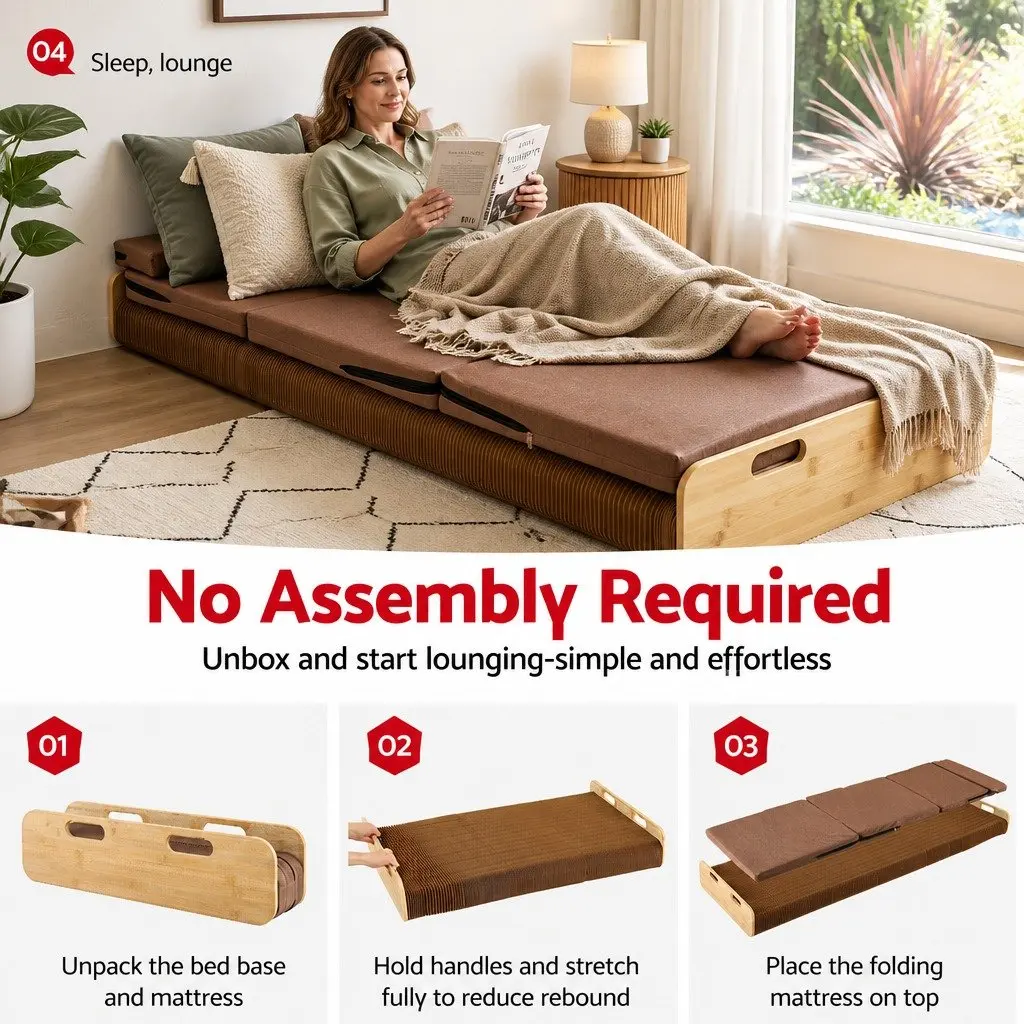 Folding Bed Frame Kraft Paper Single Sofa 200cm x 60cm 300kg Capacity
