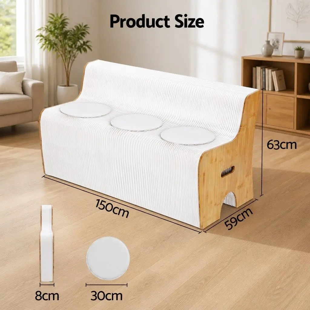 Folding Paper Sofa 3 Seater Accordion Collapsible Couch with PU Cushions Natural Kraft Paper