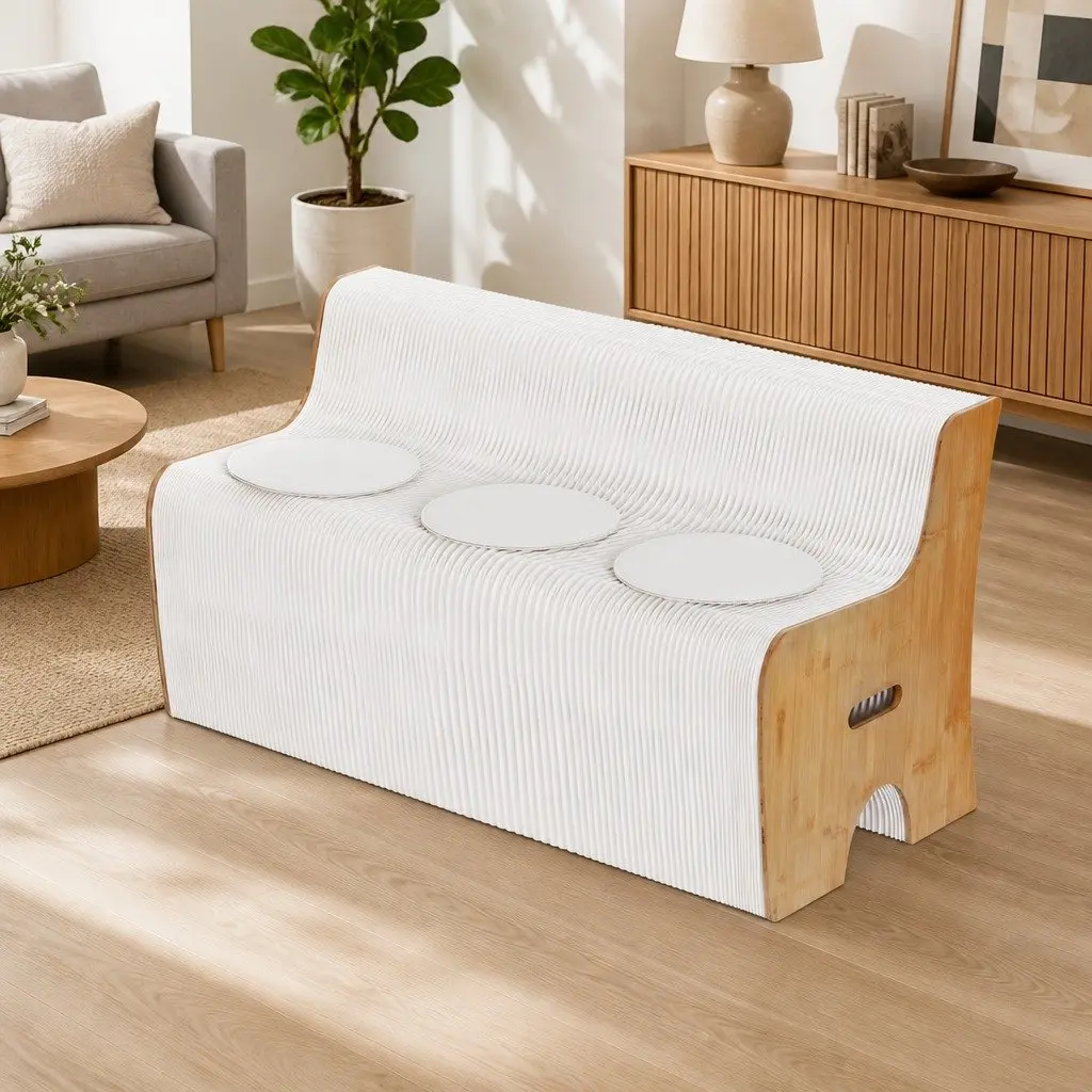 Folding Paper Sofa 3 Seater Accordion Collapsible Couch with PU Cushions Natural Kraft Paper