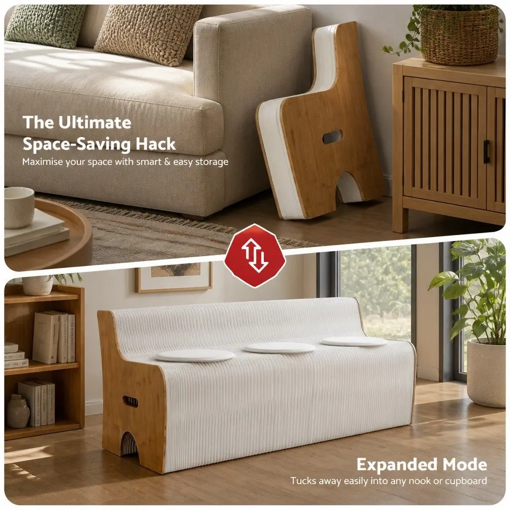 Folding Paper Sofa 3 Seater Accordion Collapsible Couch with PU Cushions Natural Kraft Paper