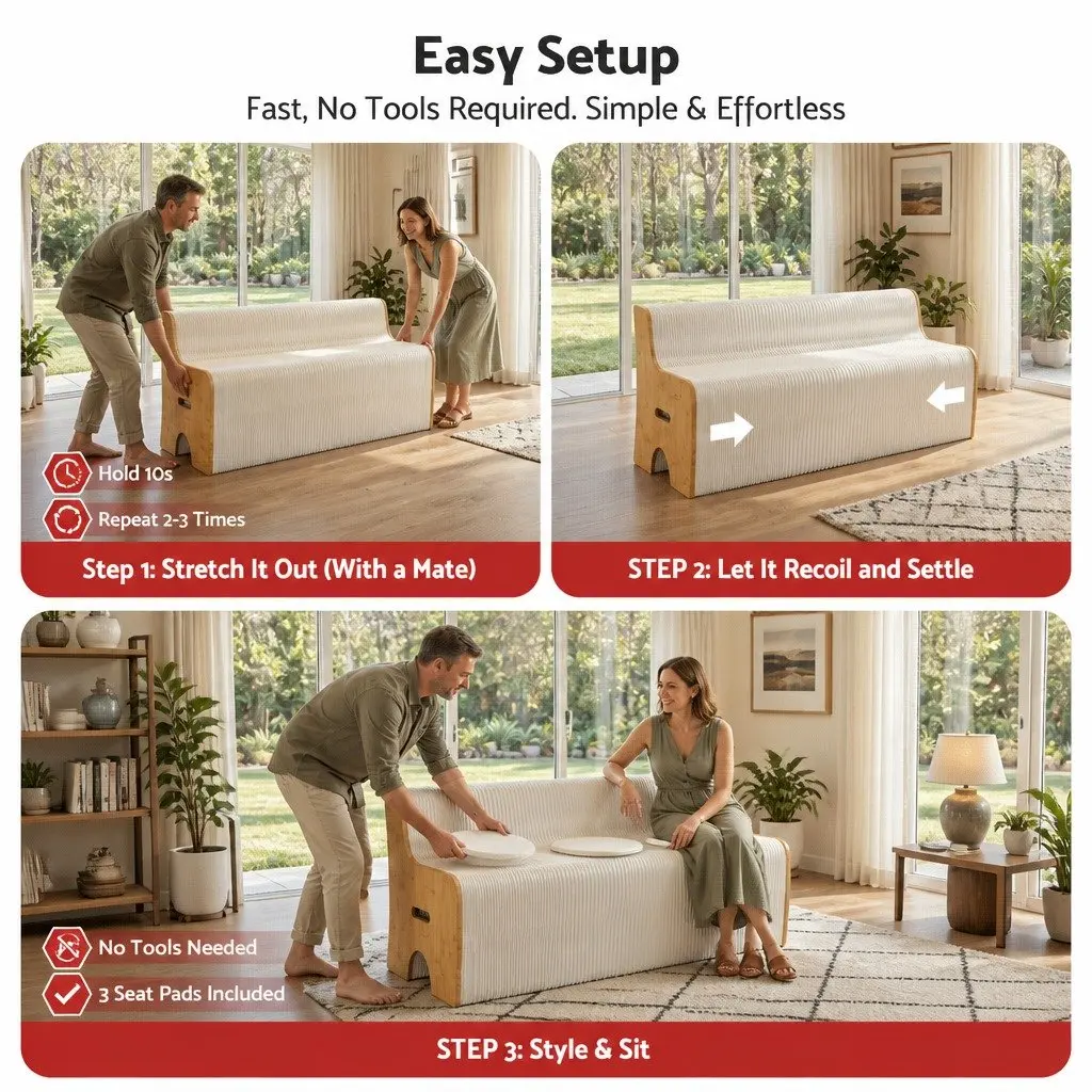 Folding Paper Sofa 3 Seater Accordion Collapsible Couch with PU Cushions Natural Kraft Paper
