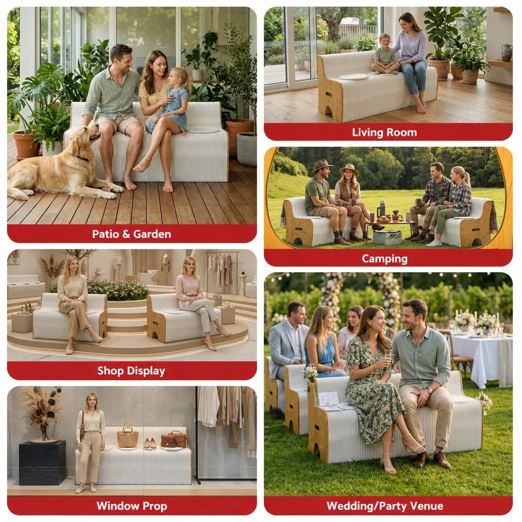 Folding Paper Sofa 3 Seater Accordion Collapsible Couch with PU Cushions Natural Kraft Paper