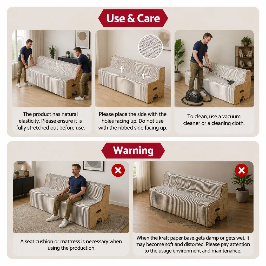 Folding Paper Sofa 3 Seater Accordion Collapsible Couch with PU Cushions Natural Kraft Paper