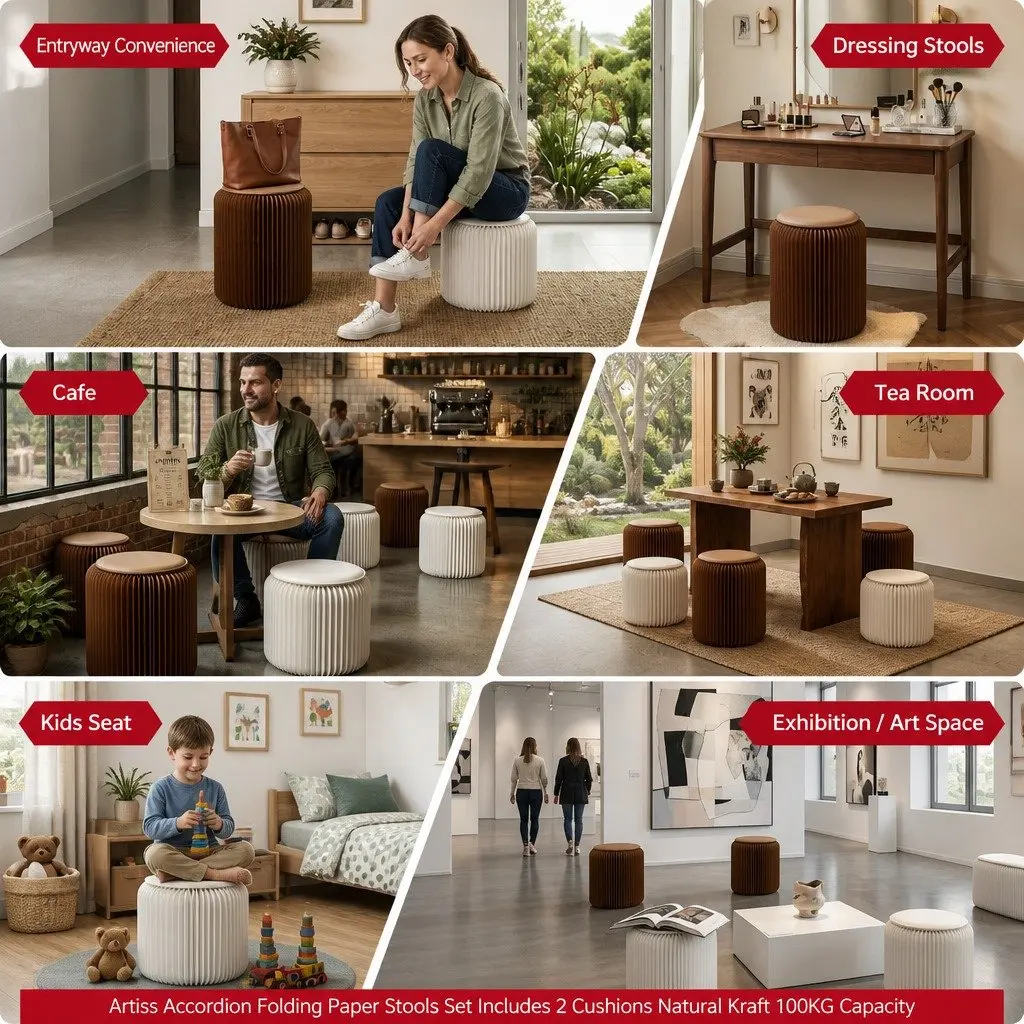 Accordion Folding Stool Set with Cushions for Comfort