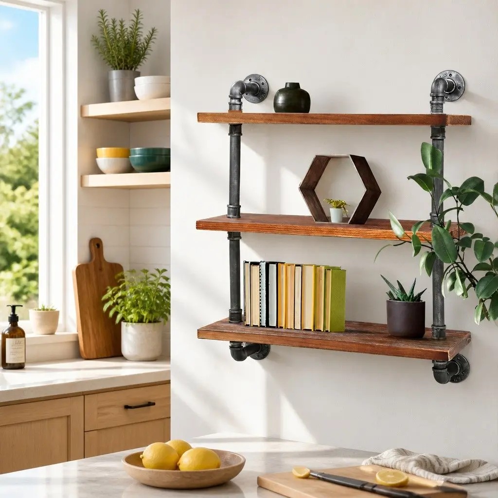 DIY Industrial Pipe Shelf Rustic 3 Tier Wall Mounted Display Unit Pine Wood and Metal