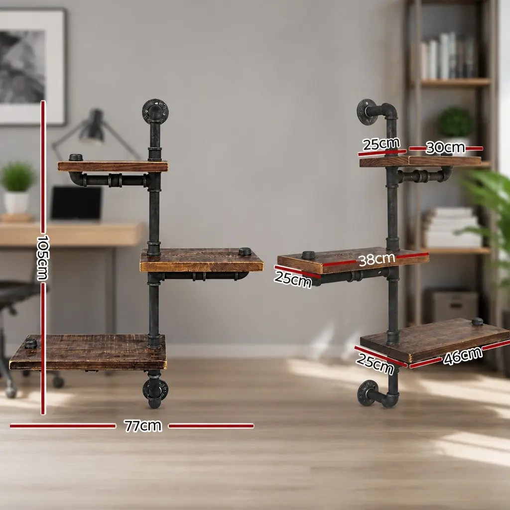 Industrial Pipe Shelf Rustic 3 Tier Floating Wall Mount Timber Metal Brown