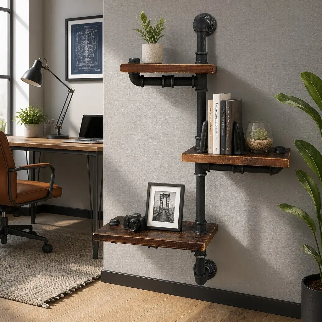 Industrial Pipe Shelf Rustic 3 Tier Floating Wall Mount Timber Metal Brown
