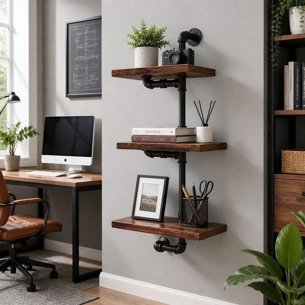 Industrial Pipe Shelf Rustic 3 Tier Floating Wall Mount Timber Metal Brown