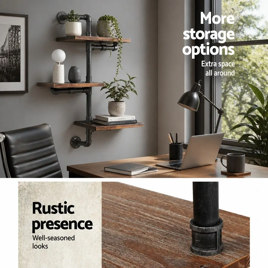 Industrial Pipe Shelf Rustic 3 Tier Floating Wall Mount Timber Metal Brown