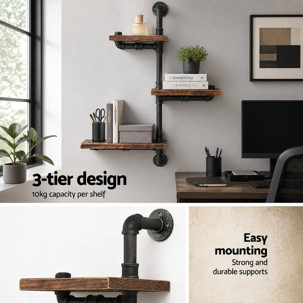 Industrial Pipe Shelf Rustic 3 Tier Floating Wall Mount Timber Metal Brown