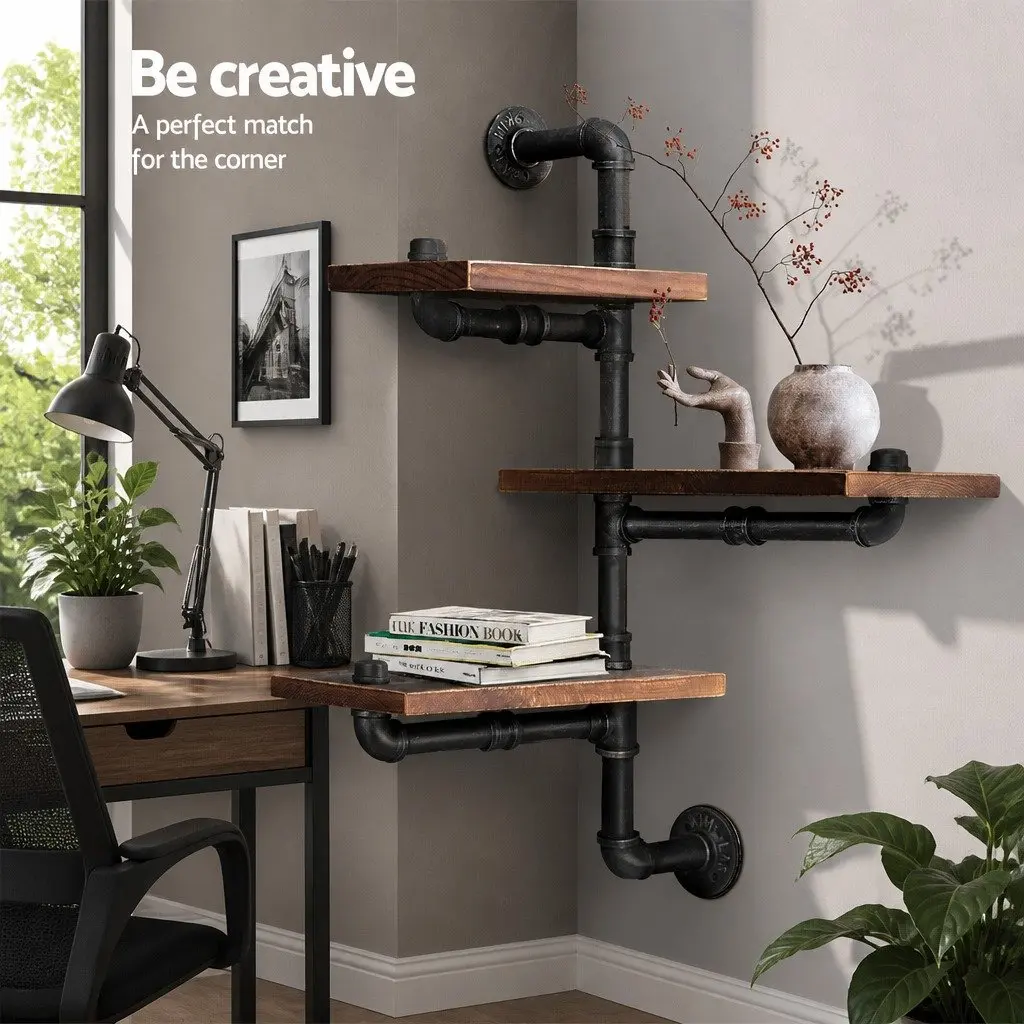 Industrial Pipe Shelf Rustic 3 Tier Floating Wall Mount Timber Metal Brown