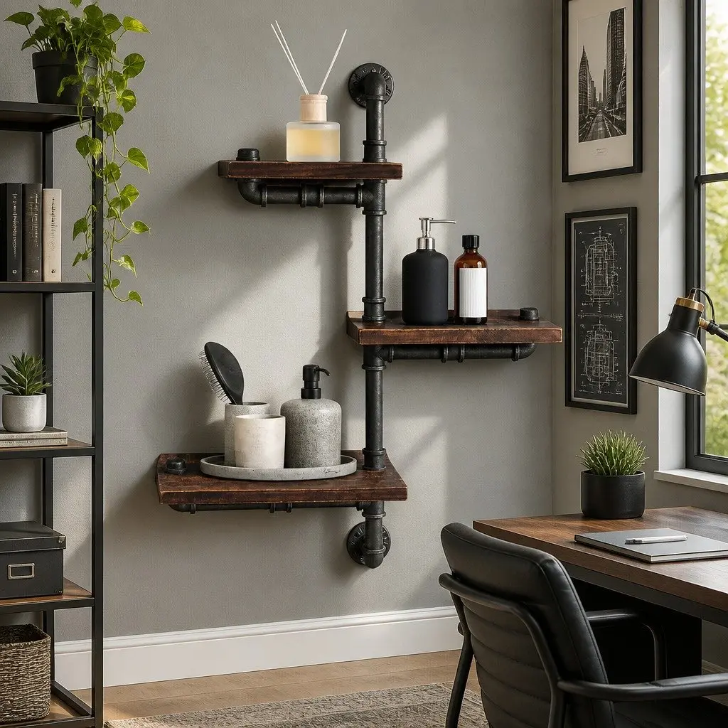 Industrial Pipe Shelf Rustic 3 Tier Floating Wall Mount Timber Metal Brown