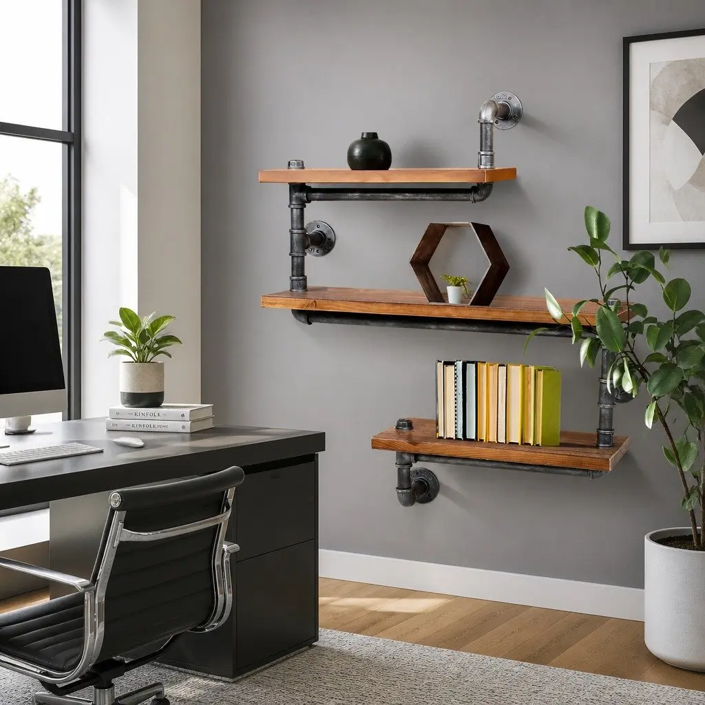 3 Tier Rustic Industrial Pipe Shelf Brown Timber and Metal