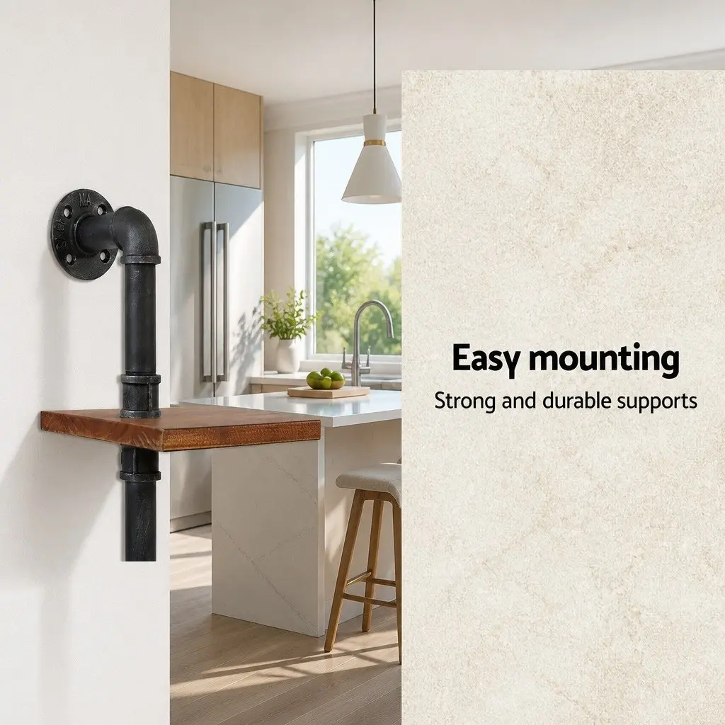 Industrial Pipe Shelf 5 Tier Floating Wall Mount Storage Shelving Unit Brown Pine Wood Metal