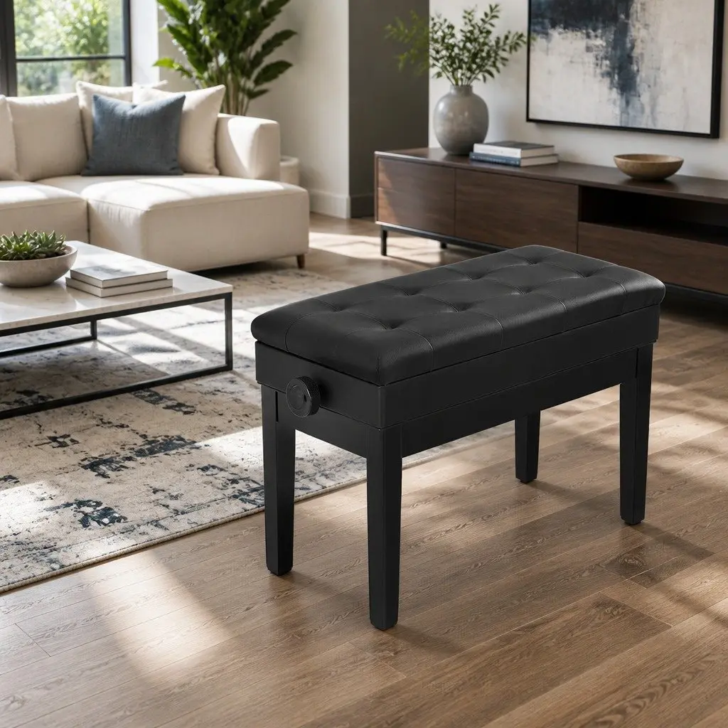 Piano Bench Adjustable Height Storage Black PU Leather Oak Wood Metal