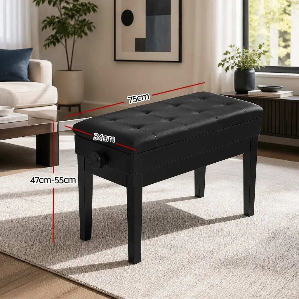 Piano Bench Adjustable Height Storage Black PU Leather Oak Wood Metal
