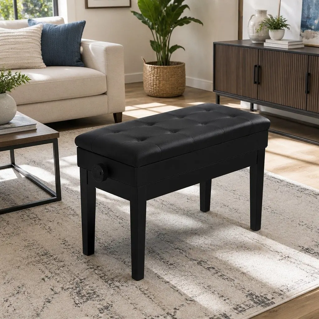 Piano Bench Adjustable Height Storage Black PU Leather Oak Wood Metal