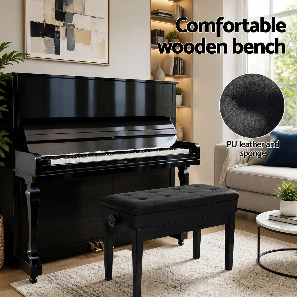 Piano Bench Adjustable Height Storage Black PU Leather Oak Wood Metal