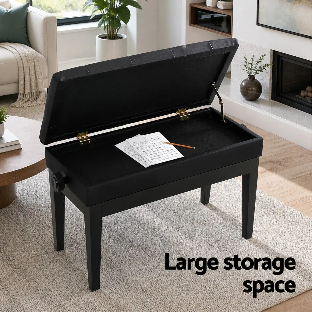 Piano Bench Adjustable Height Storage Black PU Leather Oak Wood Metal