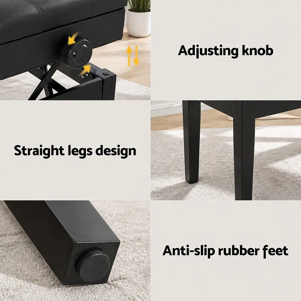 Piano Bench Adjustable Height Storage Black PU Leather Oak Wood Metal