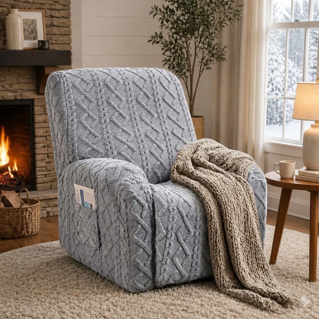 Grey Stretch Fabric Recliner Chair Cover with Pockets