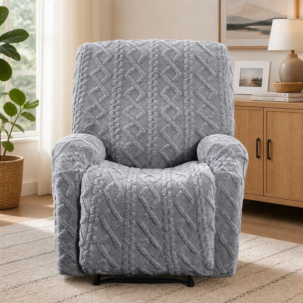 Grey Stretch Fabric Recliner Armchair Cover with Side Pockets
