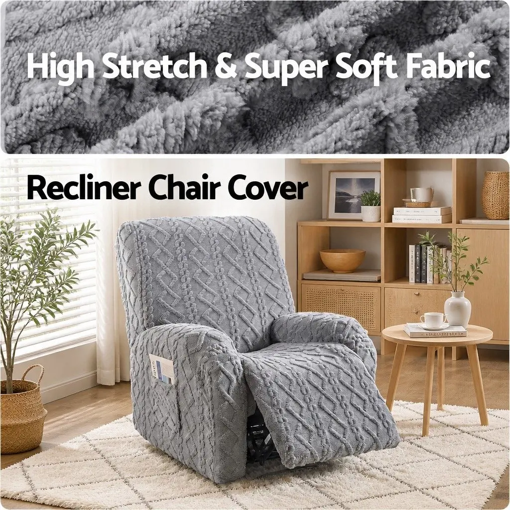 Grey Stretch Fabric Recliner Armchair Cover with Side Pockets