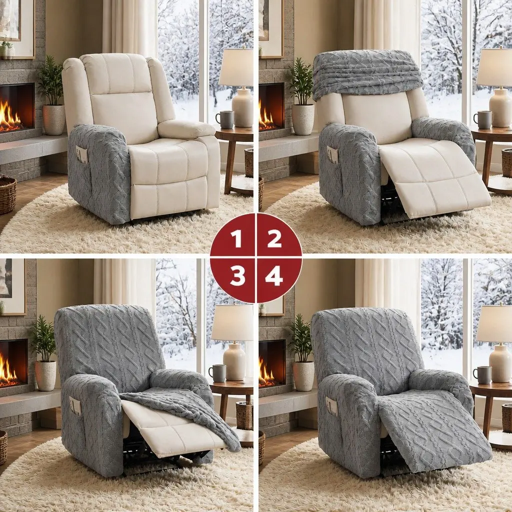Grey Stretch Fabric Recliner Armchair Cover with Side Pockets