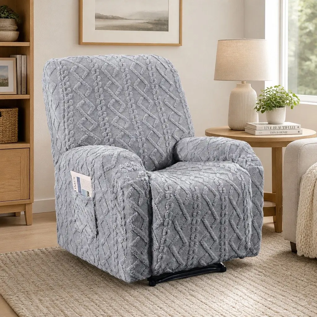 Grey Stretch Fabric Recliner Armchair Cover with Side Pockets