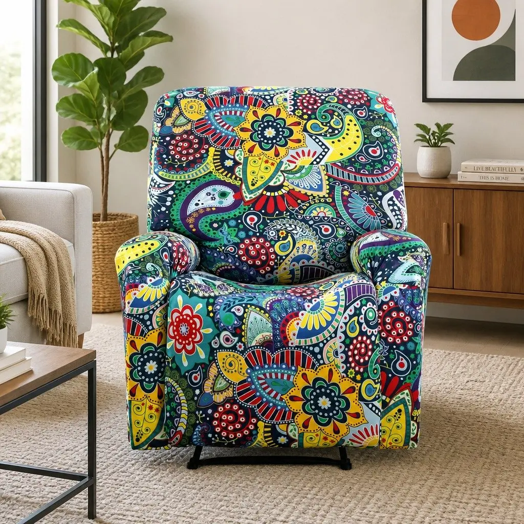 Recliner Chair Slipcover 4-Piece Printed Blue Polyester
