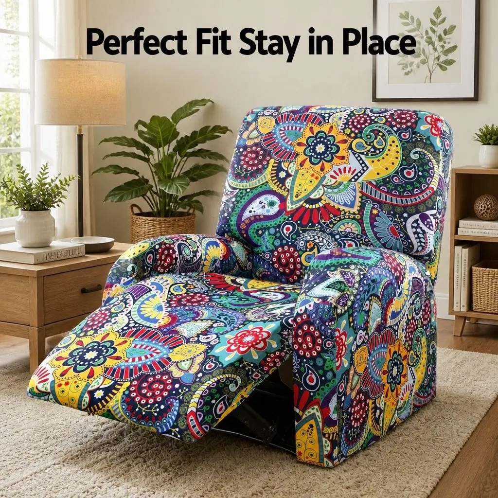 Recliner Chair Slipcover 4-Piece Printed Blue Polyester
