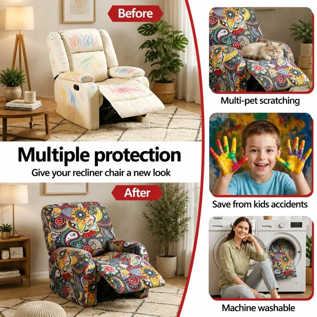 Recliner Chair Slipcover 4-Piece Printed Blue Polyester