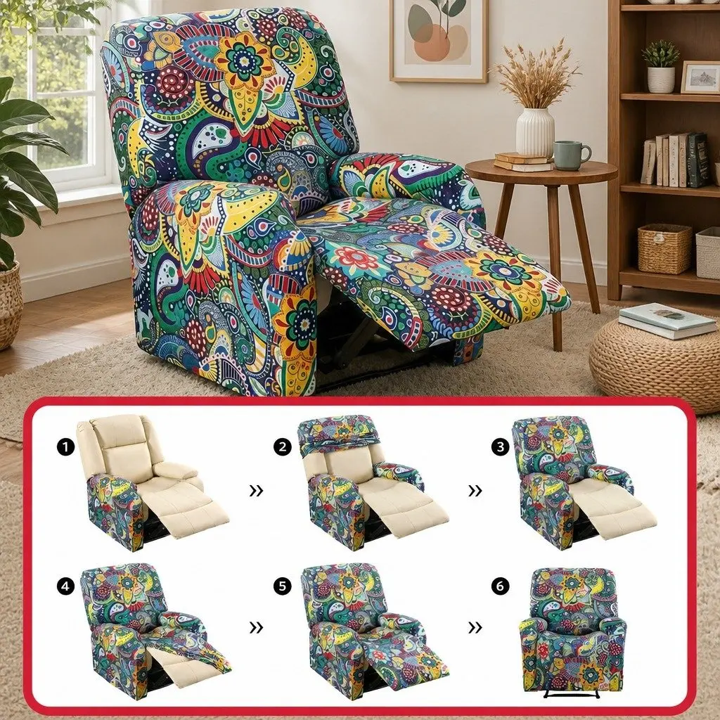 Recliner Chair Slipcover 4-Piece Printed Blue Polyester