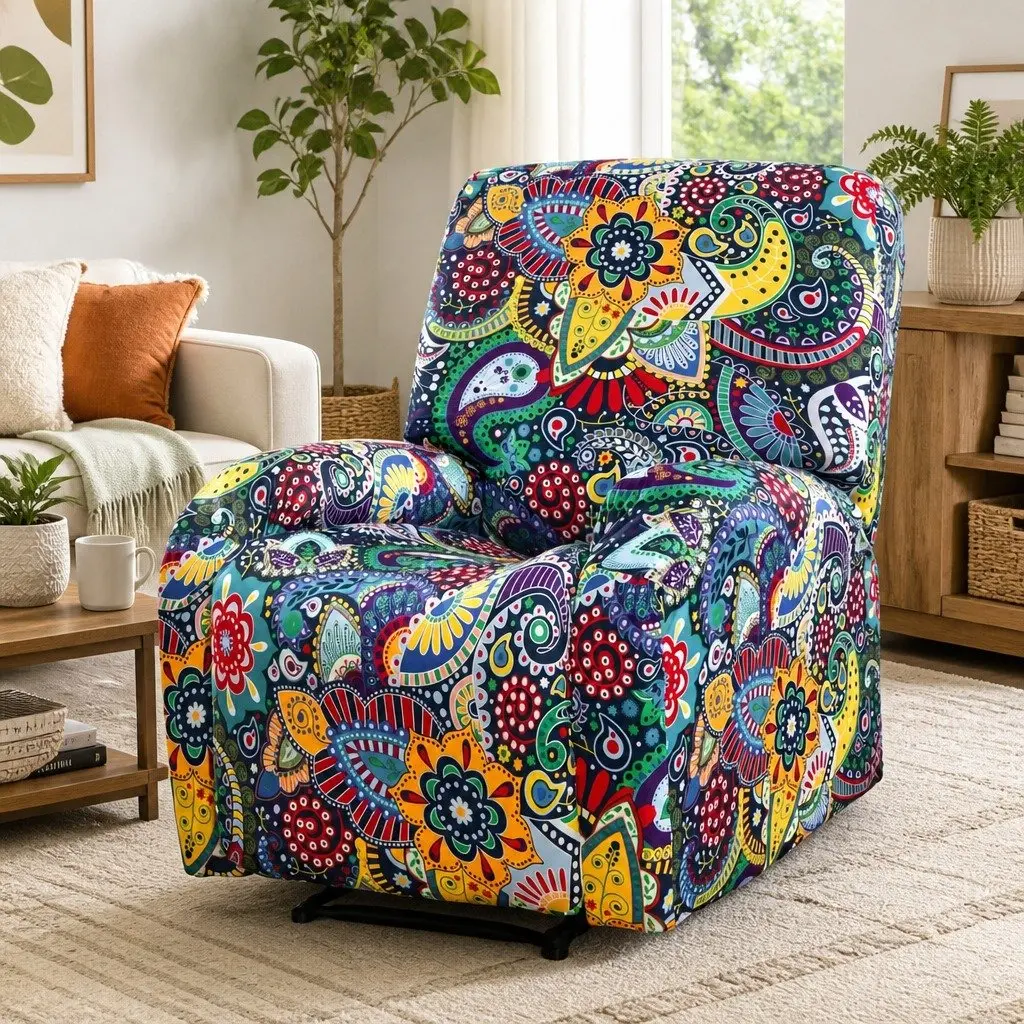 Recliner Chair Slipcover 4-Piece Printed Blue Polyester