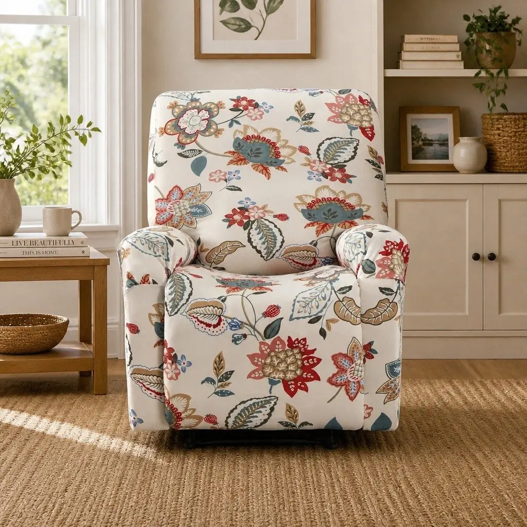 Recliner Chair Slipcover Pink Floral Printed 4 Piece Stretch Polyester