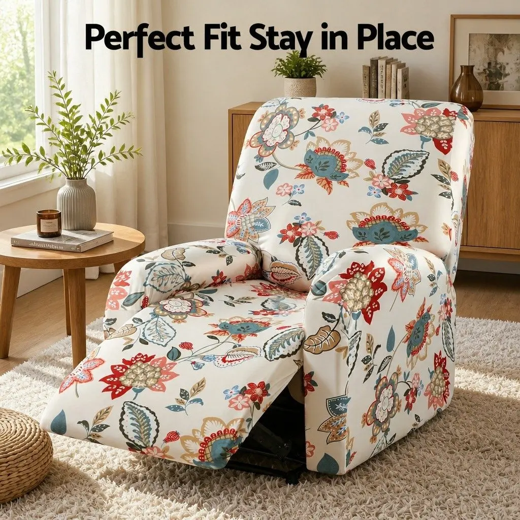 Recliner Chair Slipcover Pink Floral Printed 4 Piece Stretch Polyester