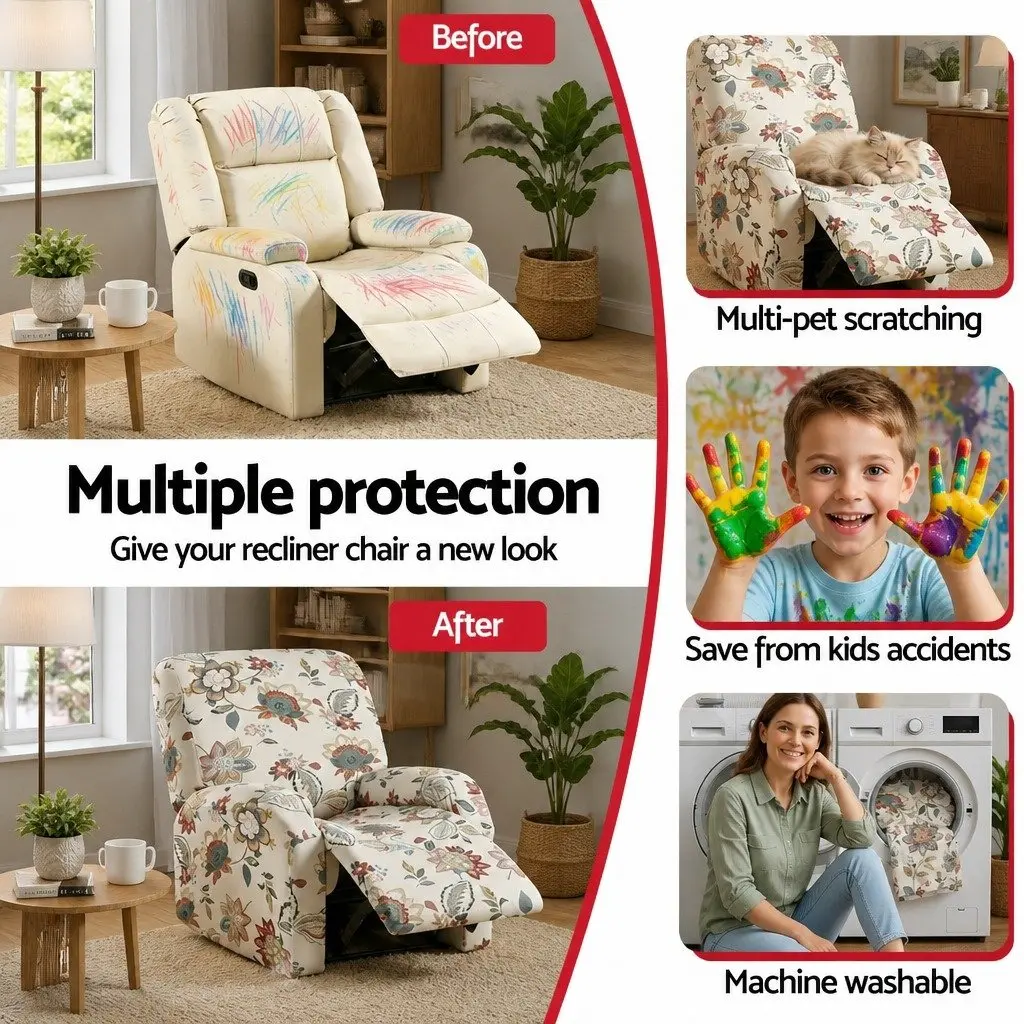 Recliner Chair Slipcover Pink Floral Printed 4 Piece Stretch Polyester