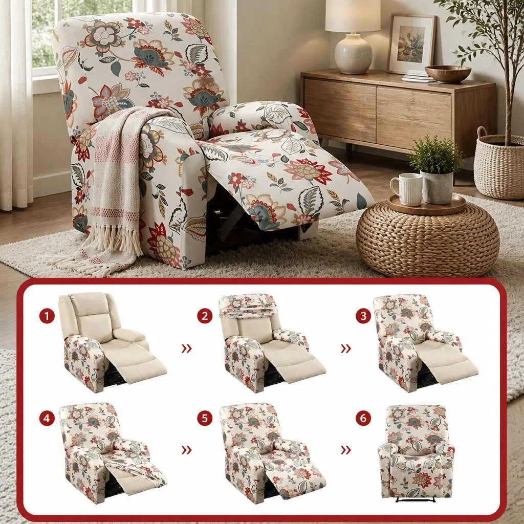 Recliner Chair Slipcover Pink Floral Printed 4 Piece Stretch Polyester