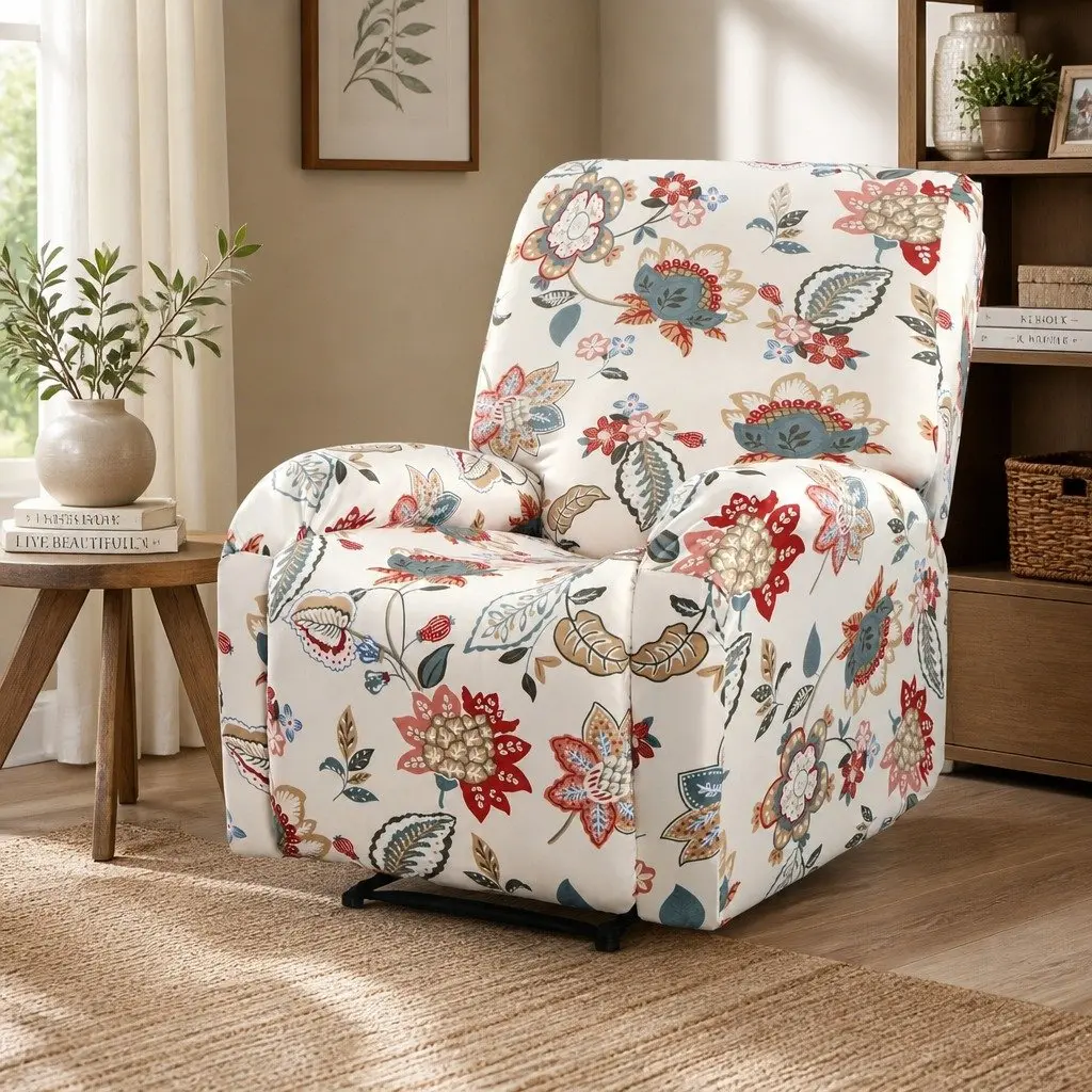 Recliner Chair Slipcover Pink Floral Printed 4 Piece Stretch Polyester