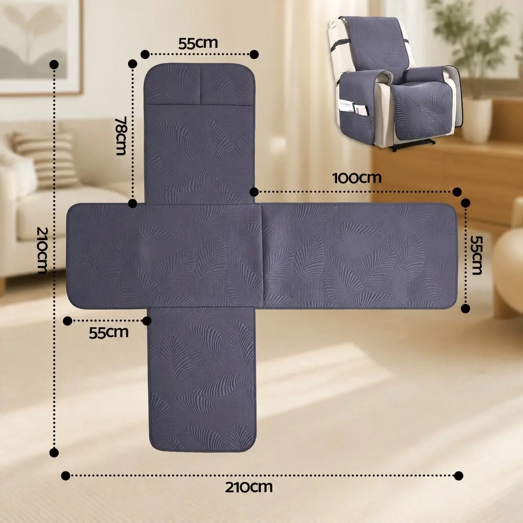 Recliner Chair Cover Quilted Grey Waterproof Fabric with Side Pockets