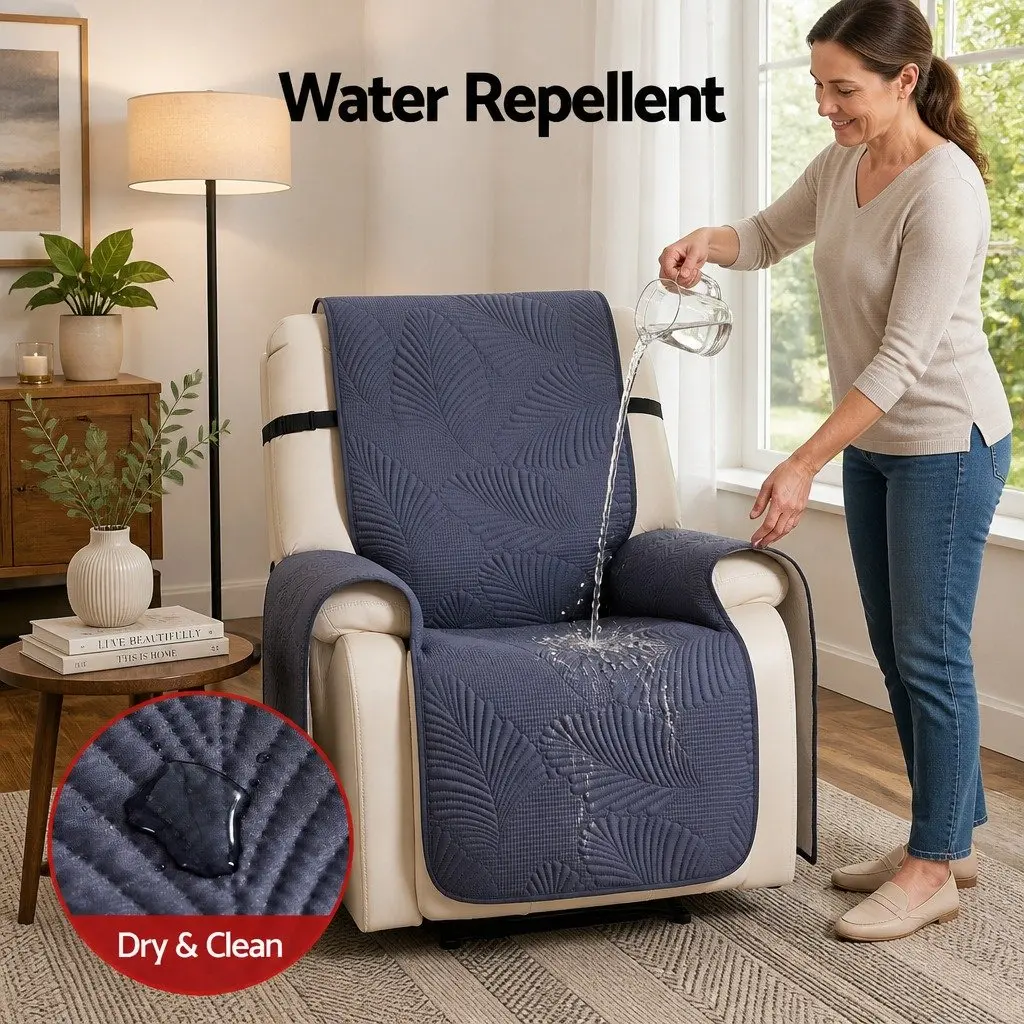 Recliner Chair Cover Quilted Grey Waterproof Fabric with Side Pockets