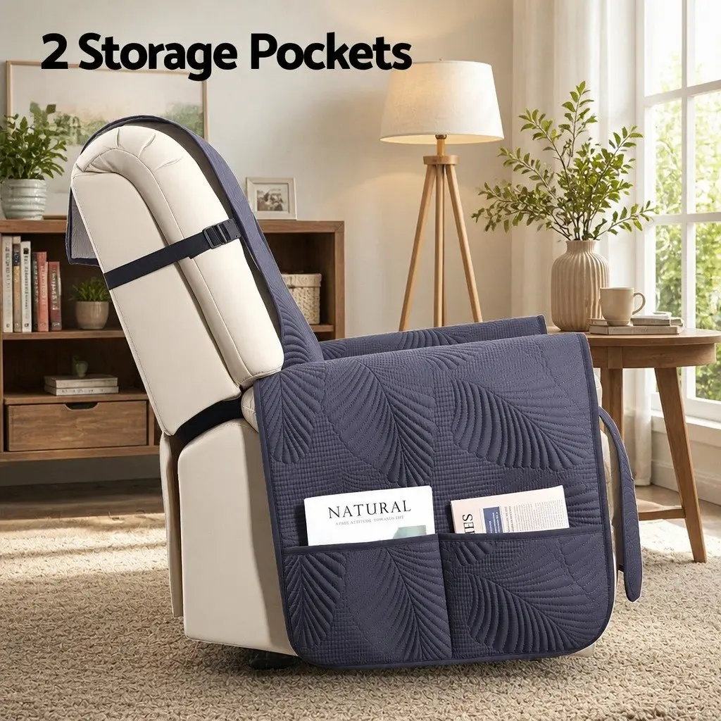 Recliner Chair Cover Quilted Grey Waterproof Fabric with Side Pockets