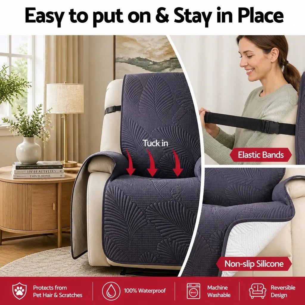 Recliner Chair Cover Quilted Grey Waterproof Fabric with Side Pockets