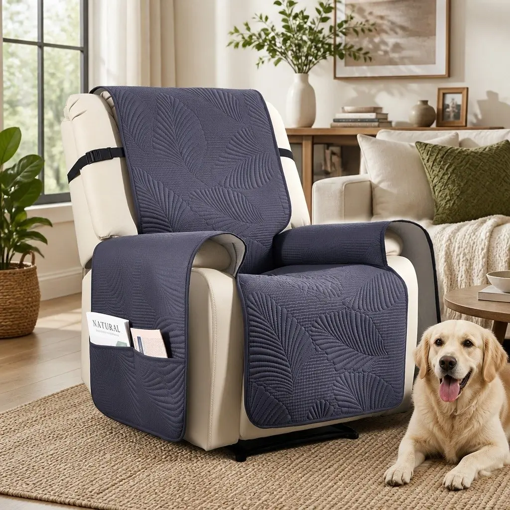 Recliner Chair Cover Quilted Grey Waterproof Fabric with Side Pockets