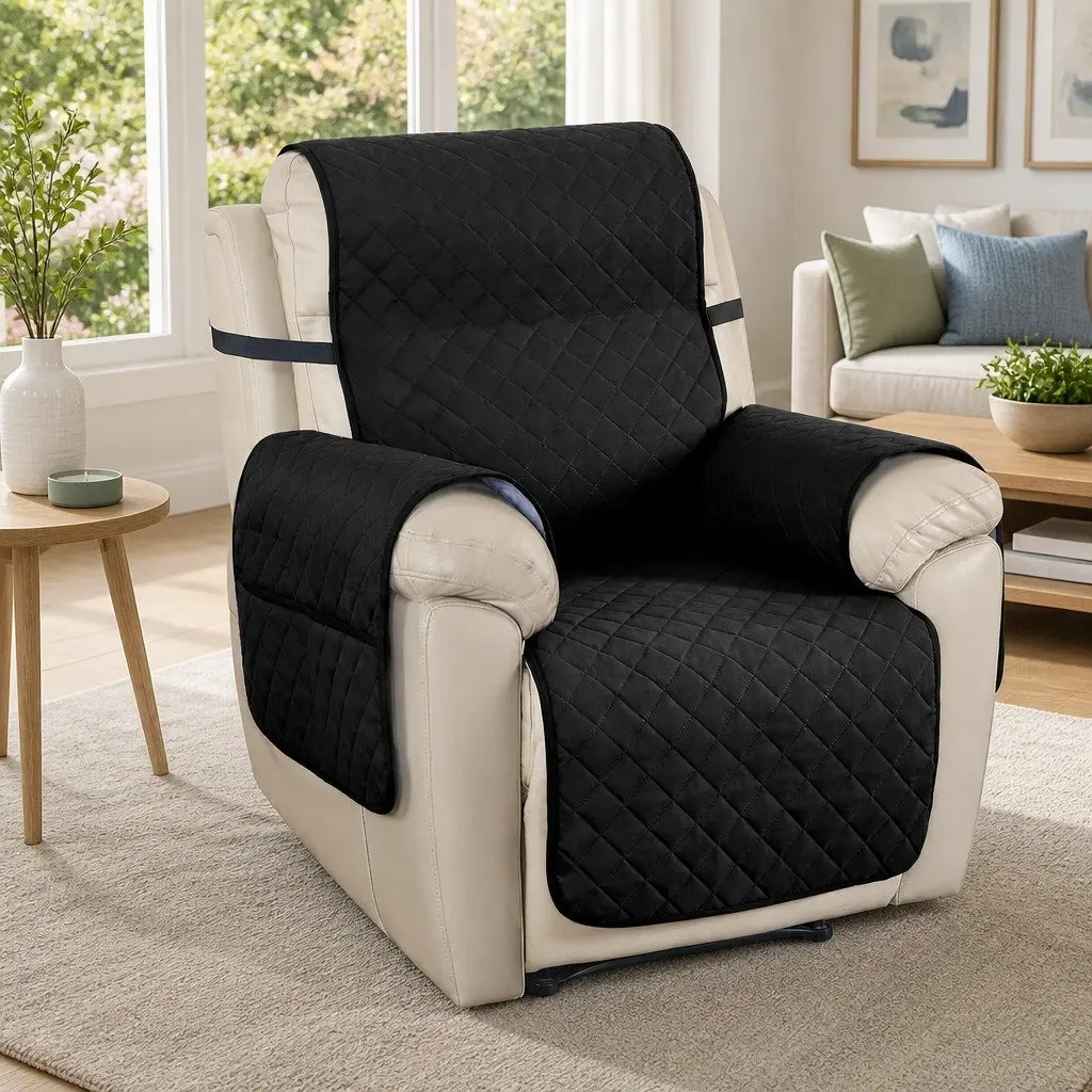 Recliner Chair Cover Water Resistant Diamond-Quilted 1-Seater Microfibre Black